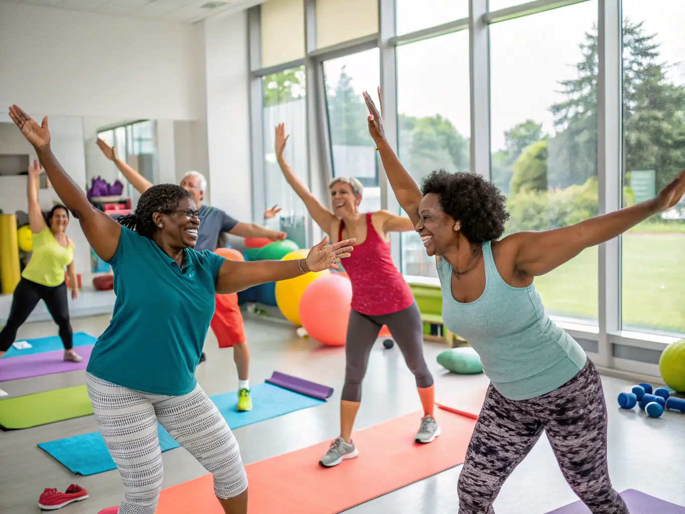 A smiling group of seniors, teenagers, and young children participating in a group fitness class in a bright, welcoming gym, with an instructor leading and everyone moving together in unison.
