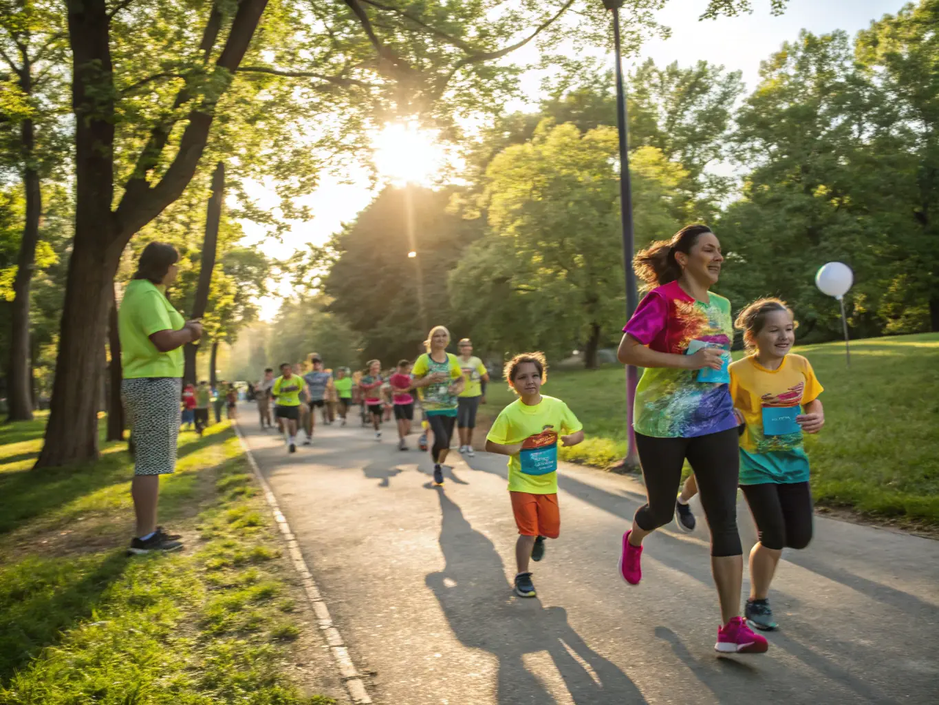 A group of volunteers and community members organizing a neighborhood fun run, handing out water and cheering as participants of all ages cross the finish line, with banners promoting community wellness.