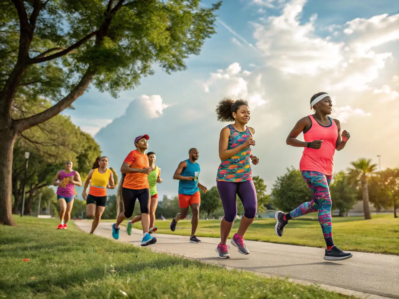 A group of people of various ages participating in a community fun run through a scenic park, with volunteers handing out water and AXELSAAT t-shirts.