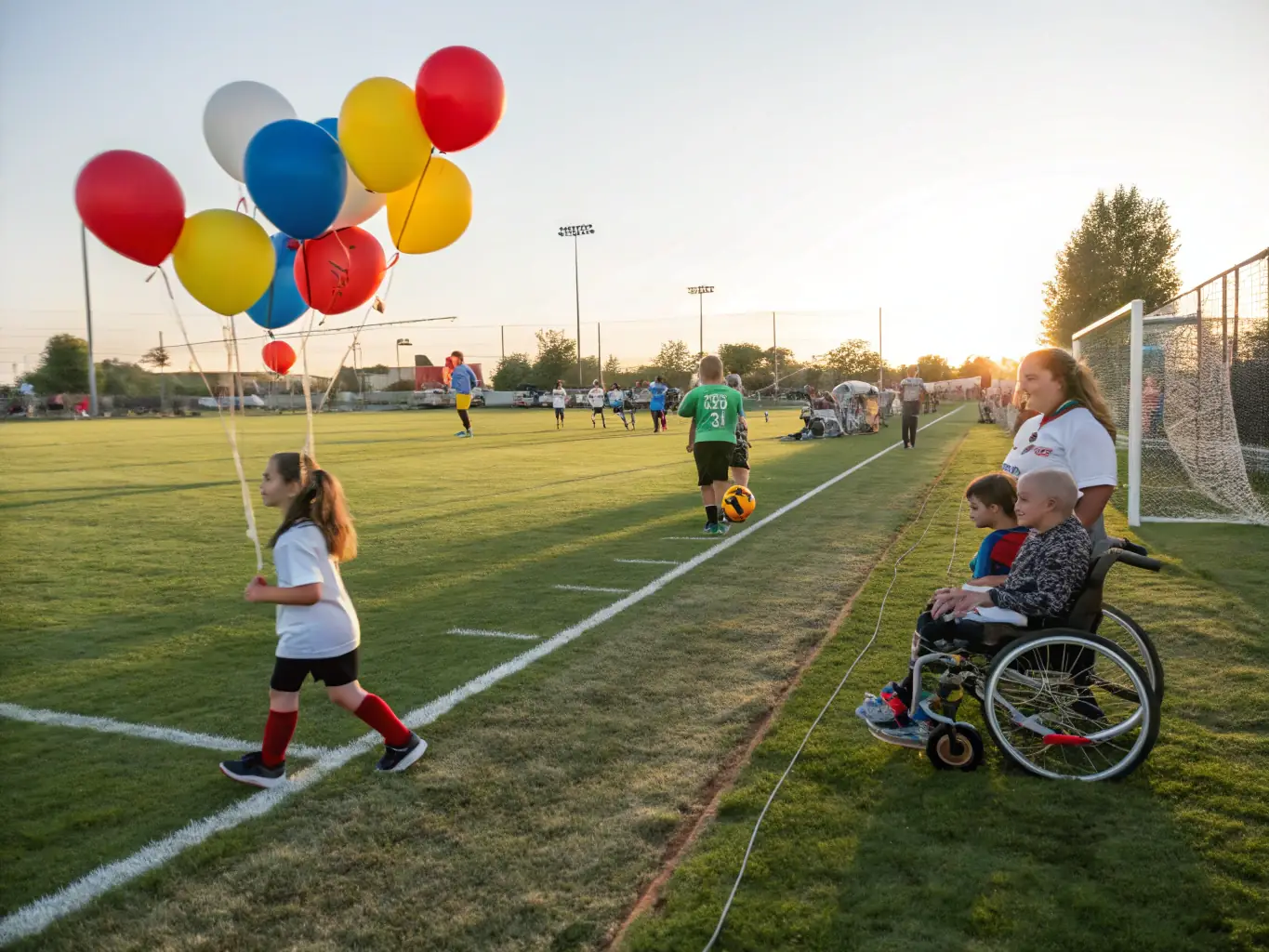 A diverse group of children and adults, including individuals with disabilities, playing soccer together on a sunny community field, with supportive coaches and volunteers cheering them on.
