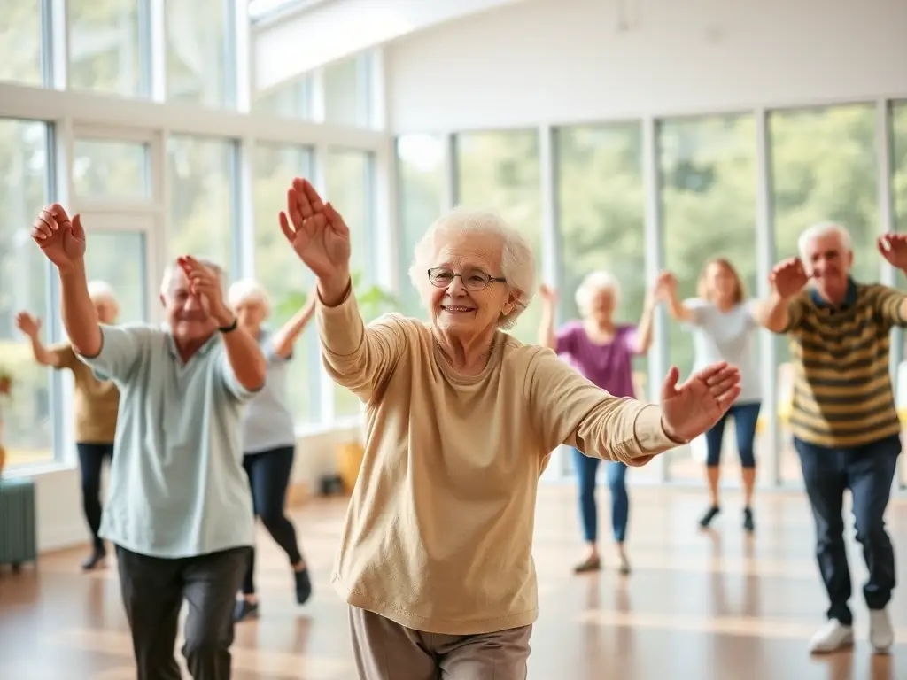 A cheerful group of seniors engaging in a gentle exercise or wellness activity in a community center, with supportive staff and a welcoming atmosphere, highlighting AXELSAAT’s commitment to inclusion.