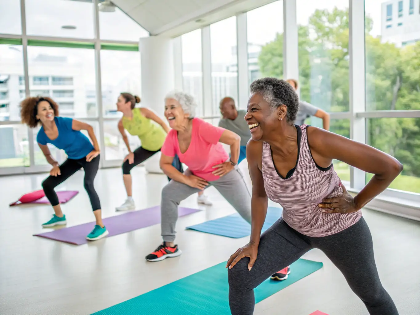 A group of adults of various ages participating in a dynamic group fitness class inside a bright community gym, led by an enthusiastic AXELSAAT instructor, with everyone smiling and actively engaged in exercise.