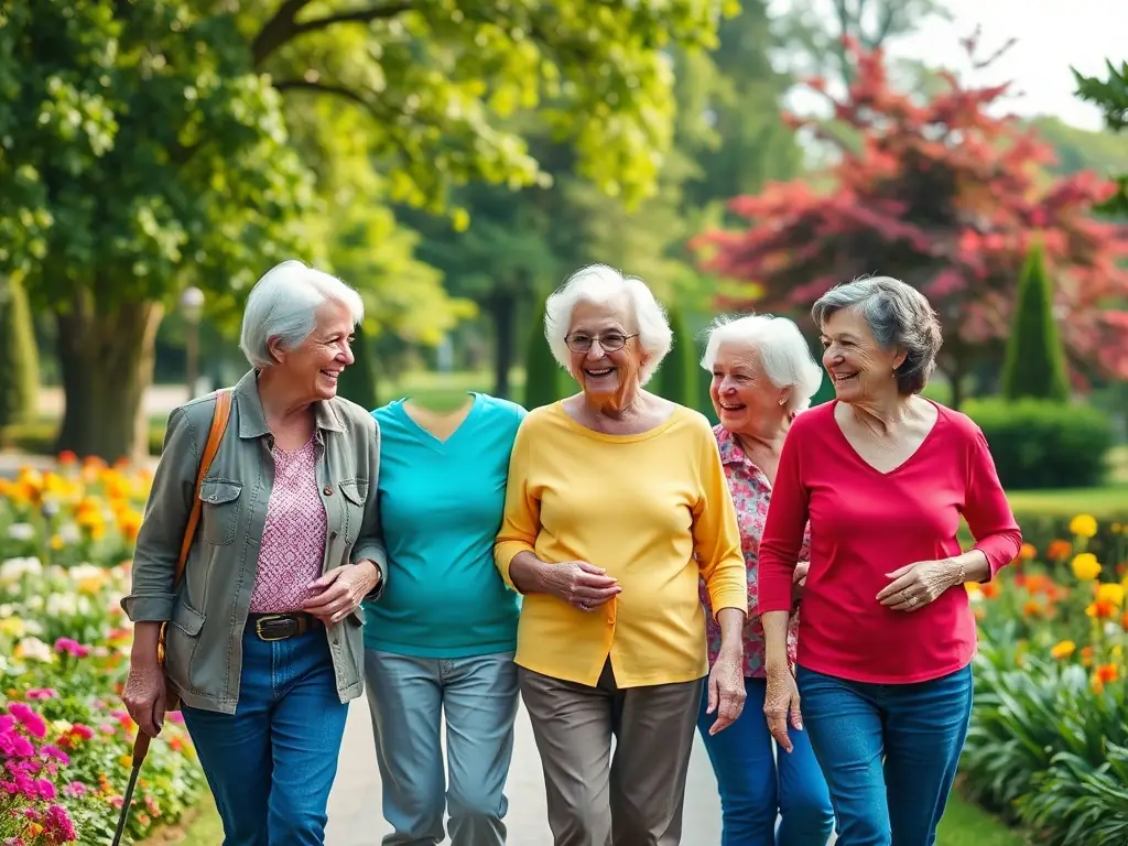 A cheerful group of seniors walking together in a park, some using walking poles, accompanied by an AXELSAAT volunteer, with trees and flowers in the background, highlighting active aging and community support.