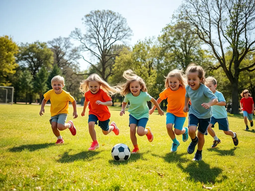 A vibrant, sunny scene of children and adults playing soccer together in a green local park, with visible joy and teamwork, representing AXELSAAT’s inclusive community sports programs.