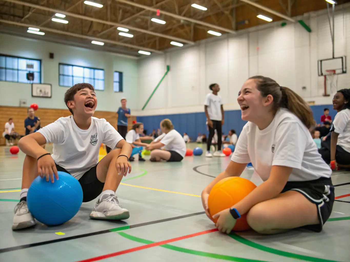 A lively indoor gymnasium with families playing basketball, children trying out new sports, and AXELSAAT staff guiding activities.